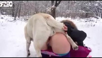 Lascive femme baise avec un chien en hiver dans la neige